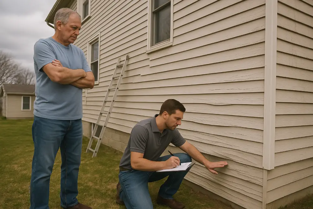 Contractor kneels to inspect warped vinyl siding on a two-story home while an older homeowner stands nearby with arms crossed on a cloudy day