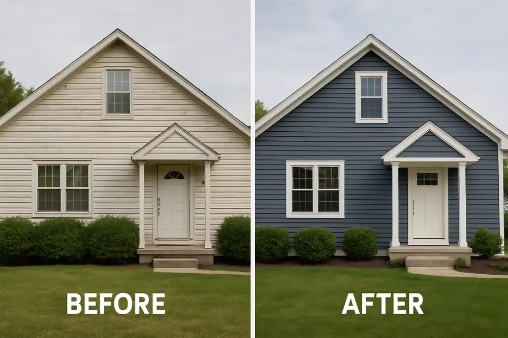 Before and after comparison of a suburban home showing faded vinyl siding replaced with modern dark gray siding and clean white trim