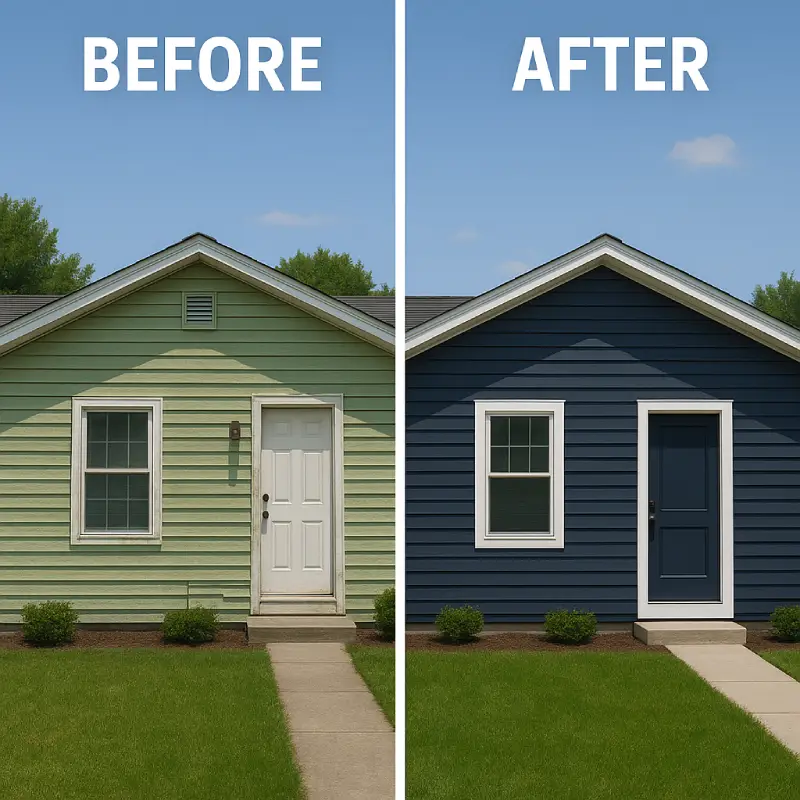 Side-by-side comparison of a ranch-style home showing faded green vinyl siding before repair and a fresh navy blue exterior with white trim after renovation.