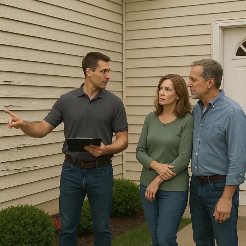 Contractor in plain polo gives siding repair estimate to concerned homeowners outside a suburban house with visible siding damage