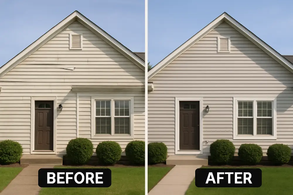 vinyl-siding-repair-before-after-transformation Alt text: Side-by-side comparison of a suburban home before and after vinyl siding repair, showing worn siding replaced with clean, modern siding under clear skies.